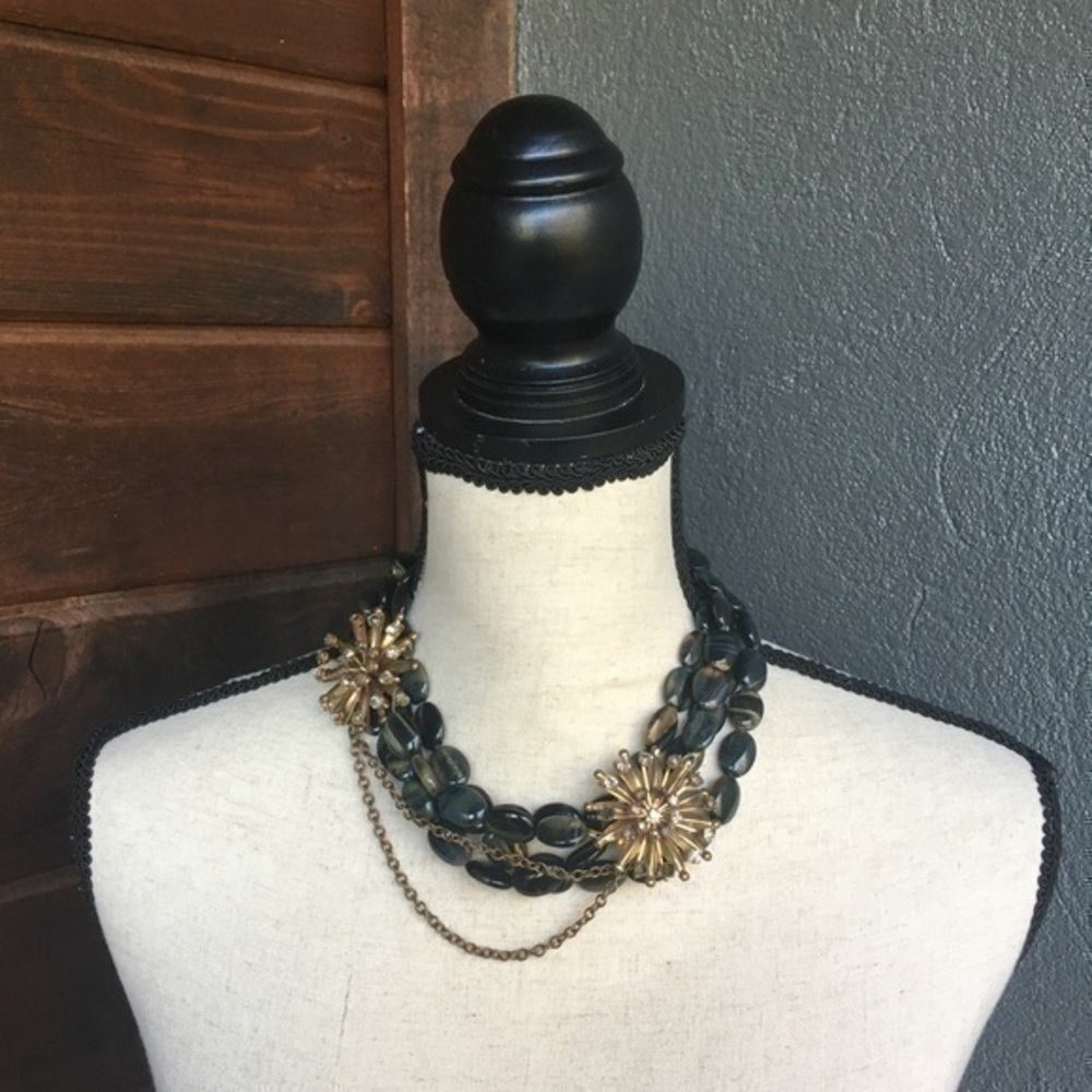 Tigers eye stone and vintage rhinestone brooch statement necklace